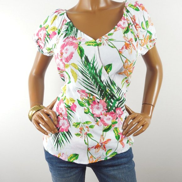 NEW YORK & CO Top M NWT White Floral On & Off the Shoulder Wrap Blouse Tie Waist - Picture 4 of 13